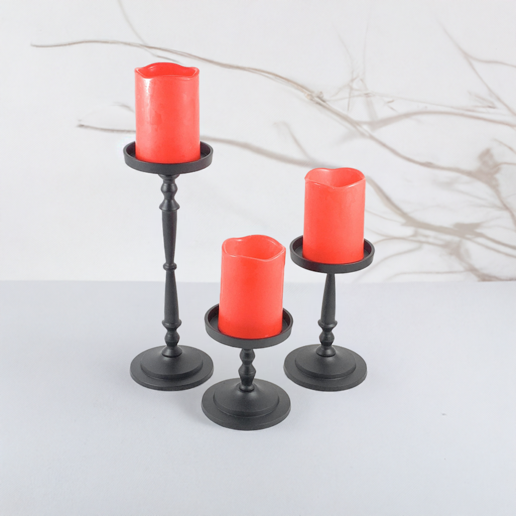 Vibhsa Pillar Candle Holders | Set of 3, Glossy Black, Compact Graduated Heights