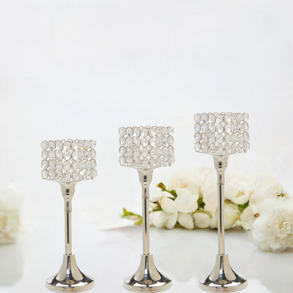Vibhsa Crystal Hurricane Candle Holders | Set of 3, 10"/11"/12", Silver Nickel Finish