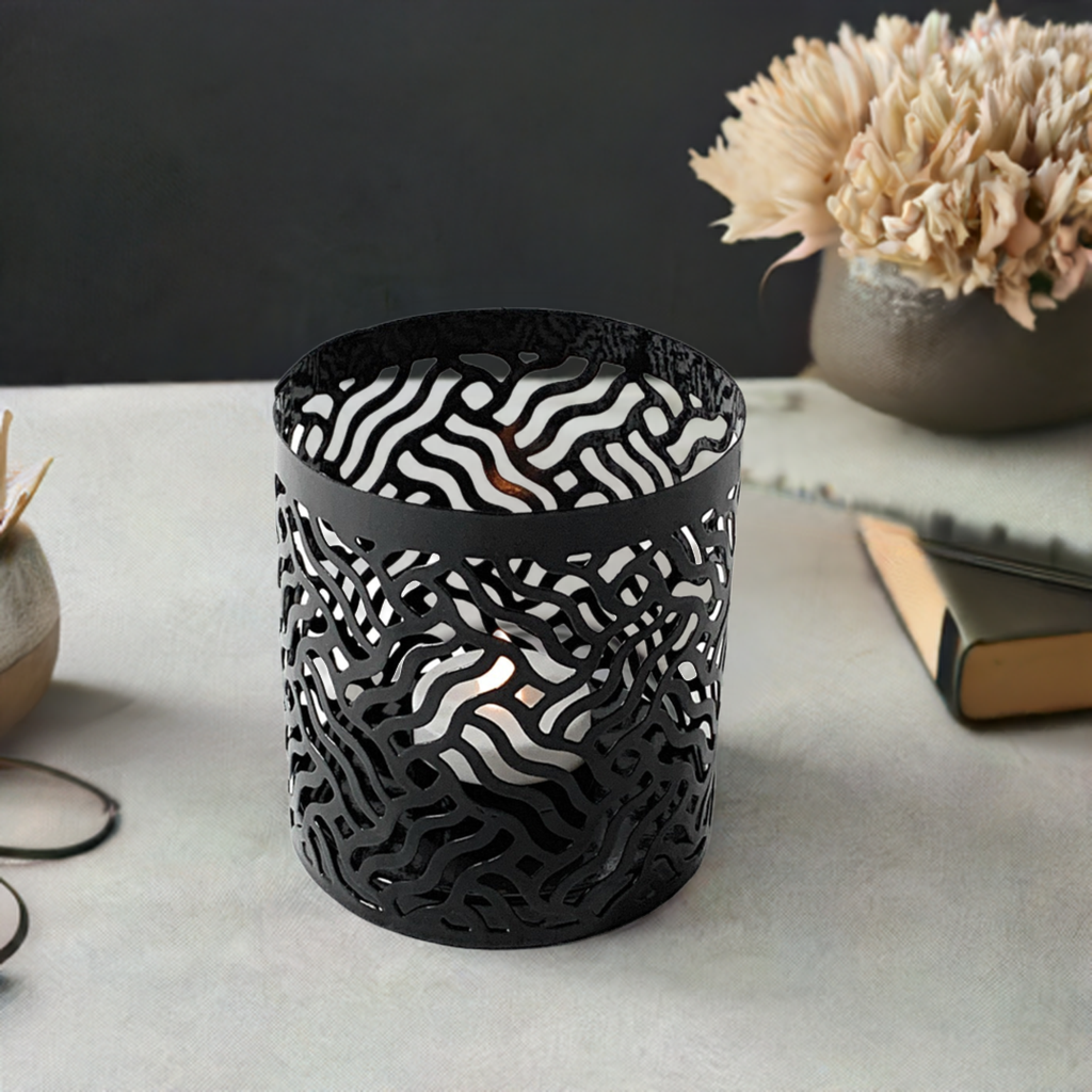Vibhsa Votive Candle Holders | Set of 2, Black, Laser-Cut Design