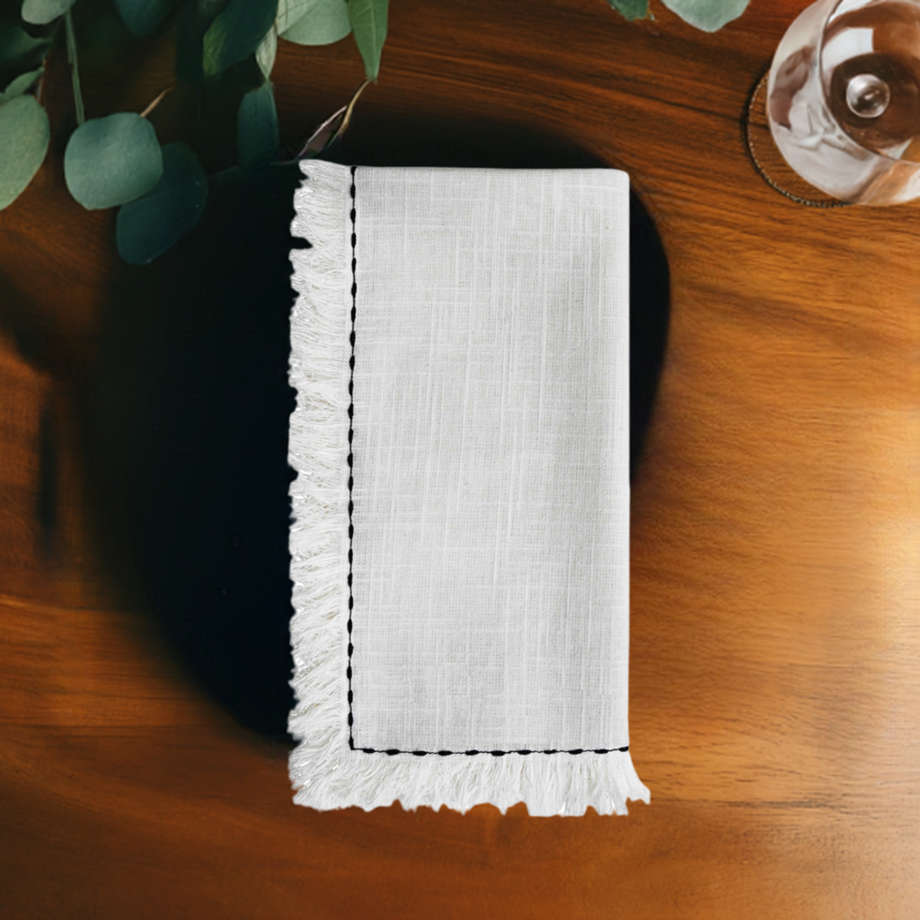 Vibhsa Cotton Table Napkins | Set of 4, Black Embroidery, 20"x20"