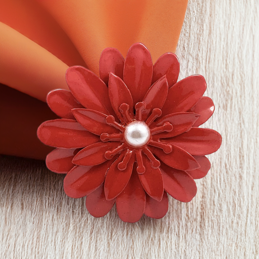 Vibhsa Red Floral Napkin Rings | Set of 4, Pearl Accents, Handcrafted
