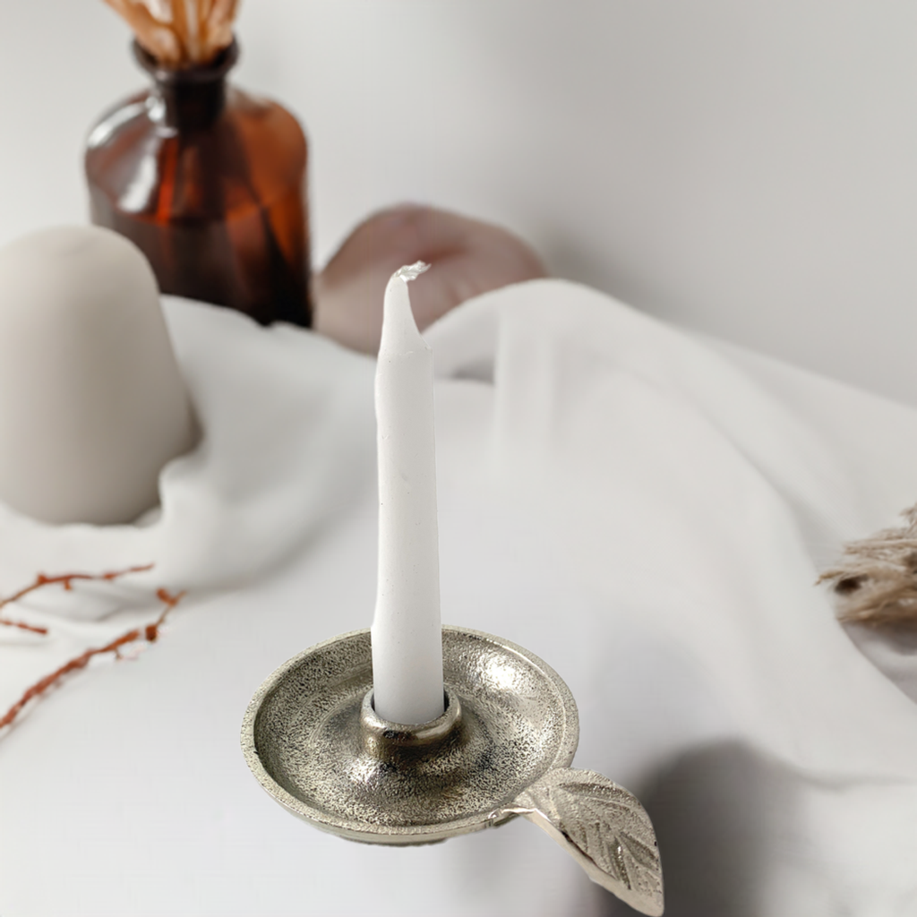Vibhsa Taper Candlestick Holder Dish | Silver Finish, Leaf Handle, Handcrafted Aluminum