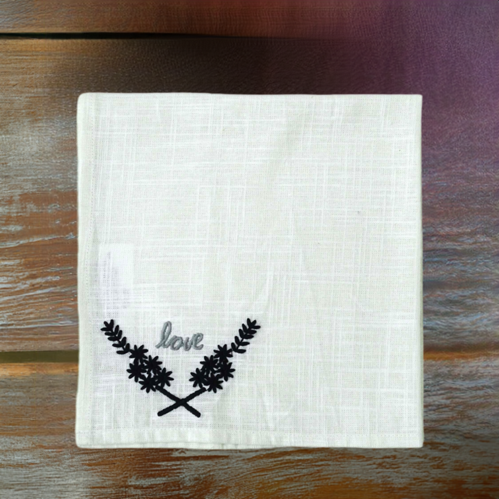Vibhsa Cotton Table Napkins | Set of 4, "Love" Embroidery, 20"x20"