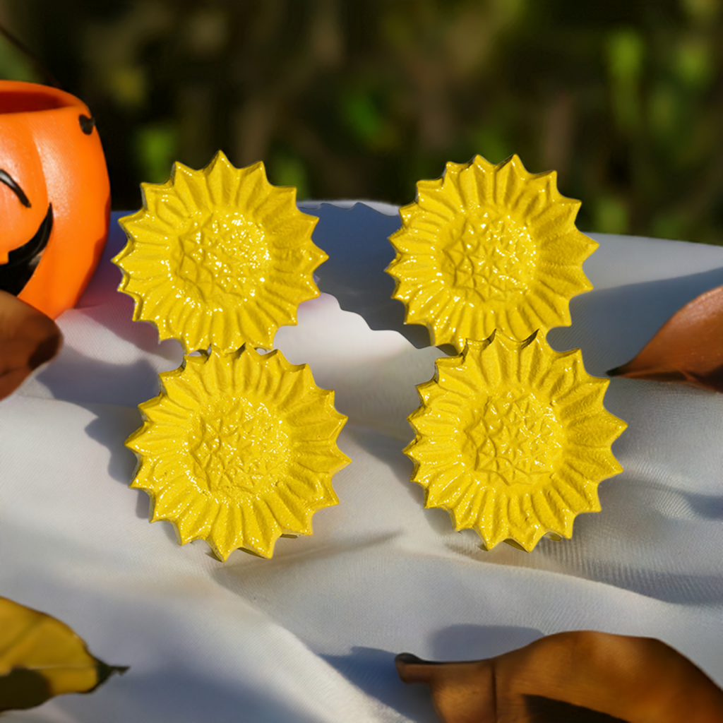 Vibhsa Yellow Sunflower Napkin Rings | Set of 4, Handcrafted Aluminum