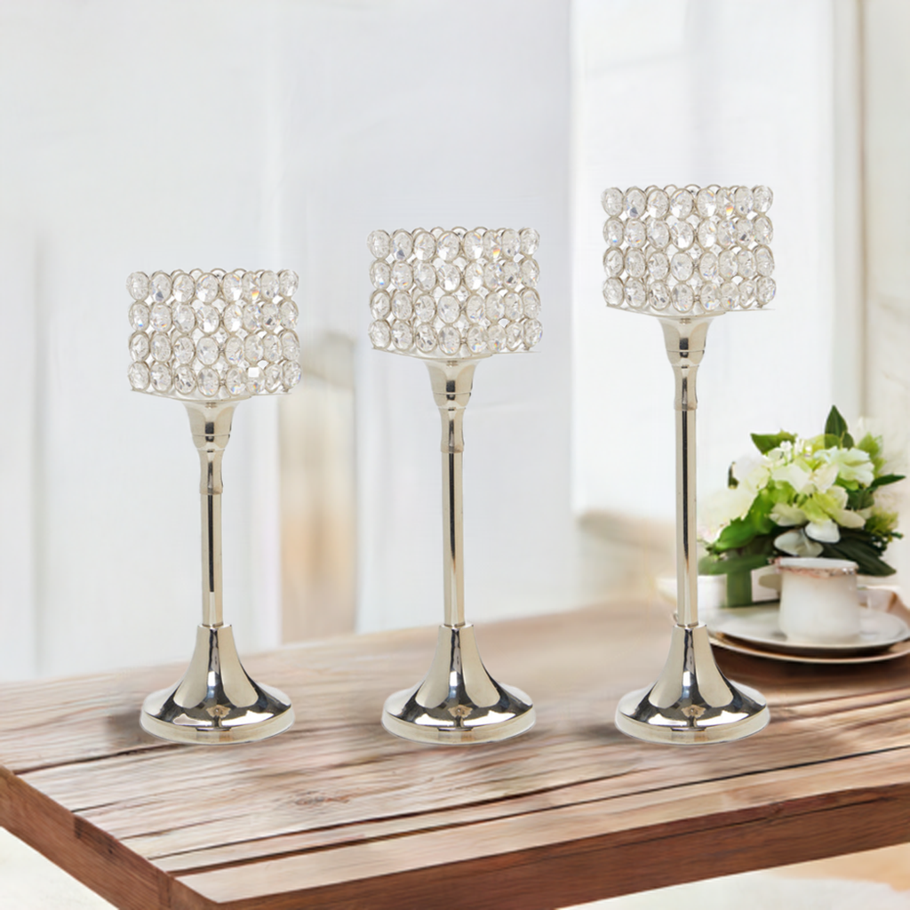 Vibhsa Crystal Hurricane Candle Holders | Set of 3, 10"/11"/12", Silver Nickel Finish