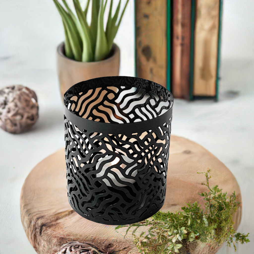 Vibhsa Votive Candle Holders | Set of 2, Black, Laser-Cut Design