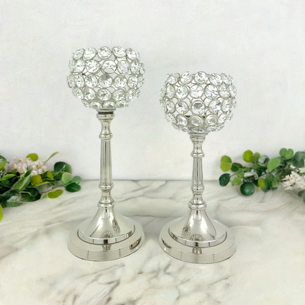Vibhsa Hurricane Crystal Candle Holders | Set of 2, 8" & 10", Silver Nickel Finish