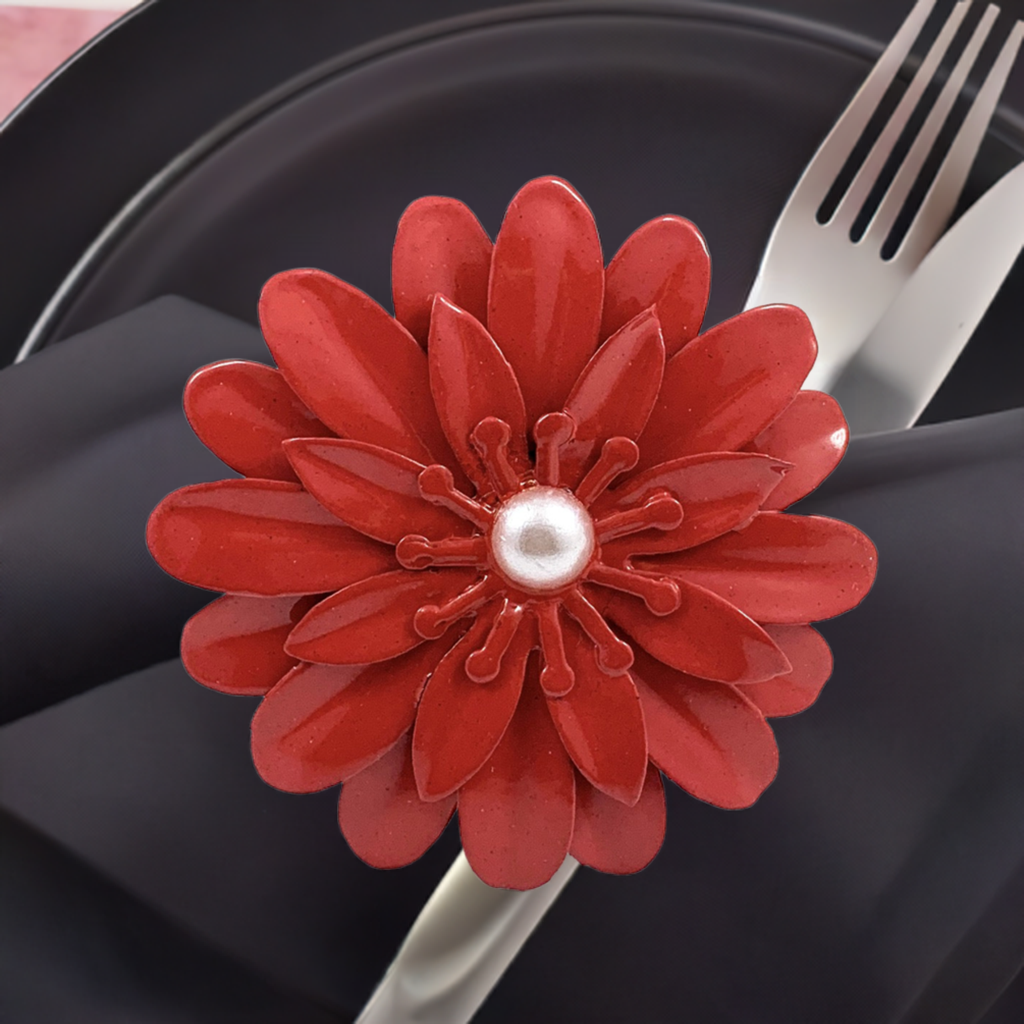 Vibhsa Red Floral Napkin Rings | Set of 4, Pearl Accents, Handcrafted
