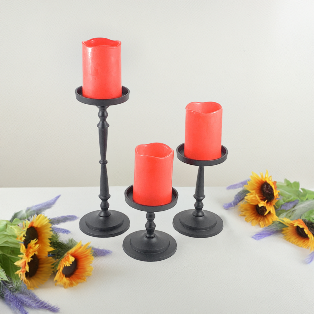 Vibhsa Pillar Candle Holders | Set of 3, Glossy Black, Compact Graduated Heights
