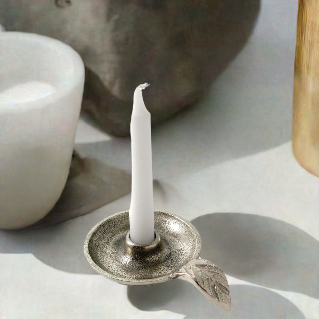 Vibhsa Taper Candlestick Holder Dish | Silver Finish, Leaf Handle, Handcrafted Aluminum