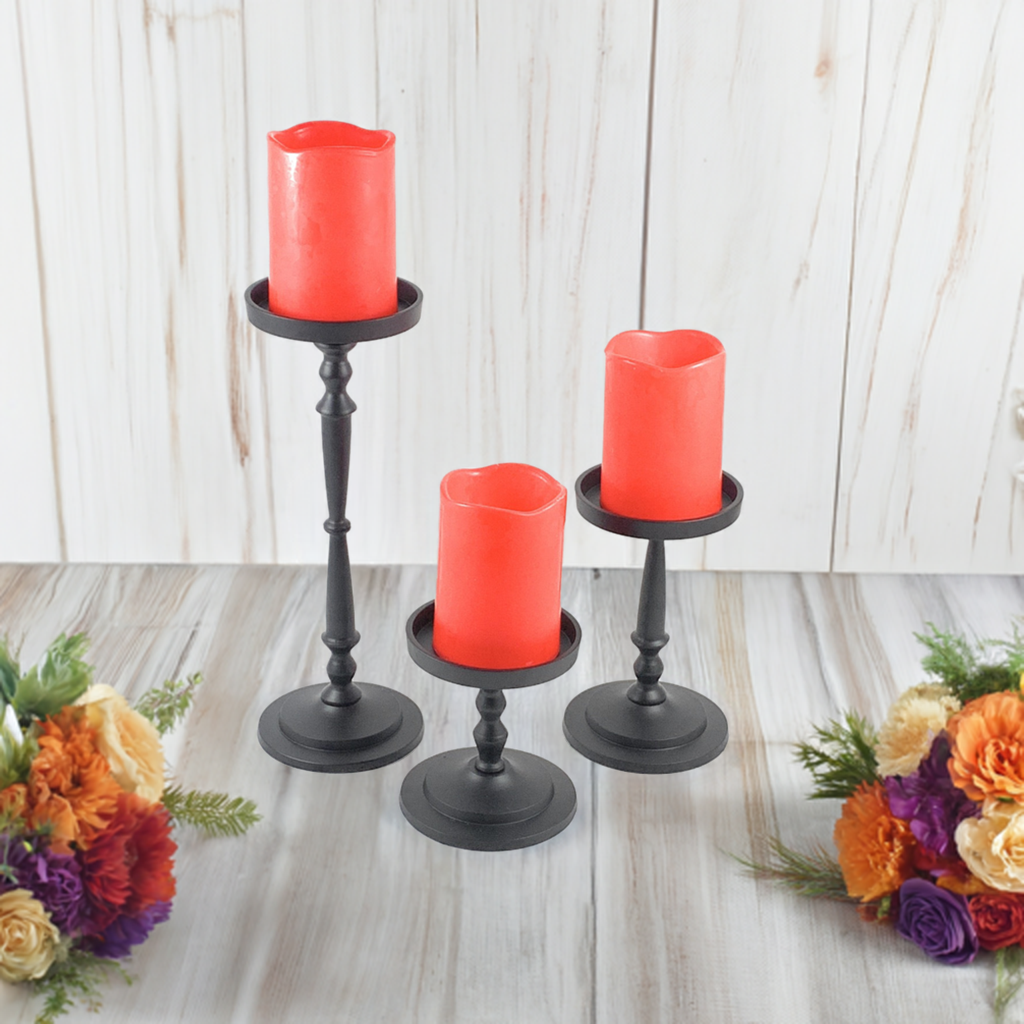 Vibhsa Pillar Candle Holders | Set of 3, Glossy Black, Compact Graduated Heights