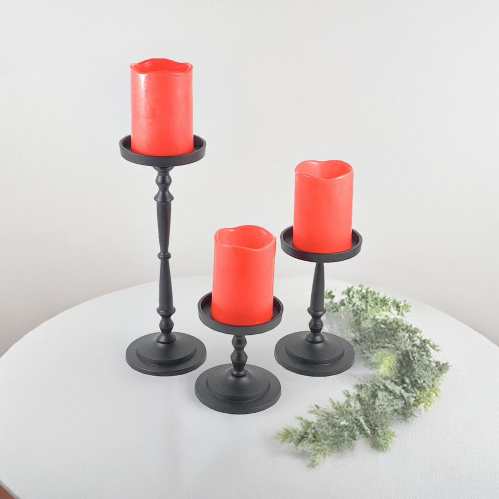 Vibhsa Pillar Candle Holders | Set of 3, Glossy Black, Compact Graduated Heights