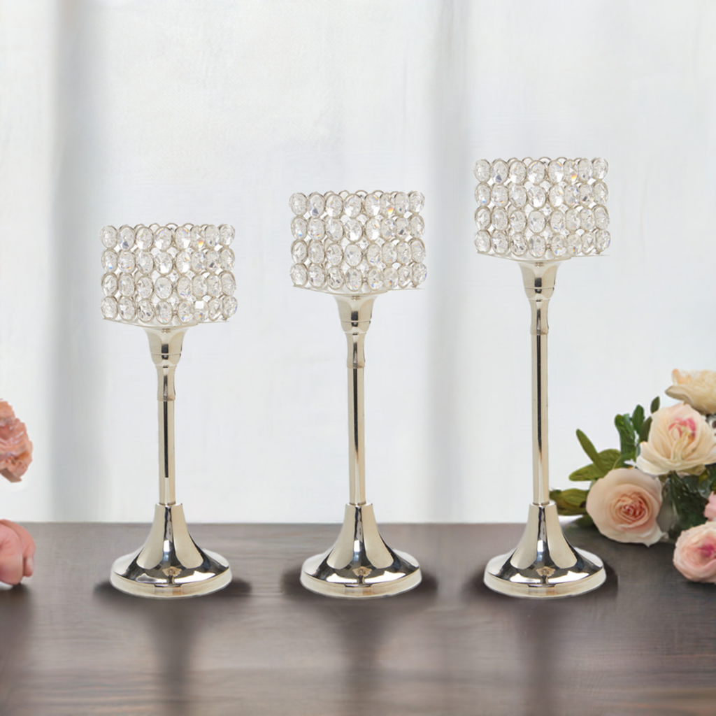 Vibhsa Crystal Hurricane Candle Holders | Set of 3, 10"/11"/12", Silver Nickel Finish