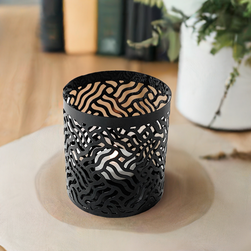 Vibhsa Votive Candle Holders | Set of 2, Black, Laser-Cut Design