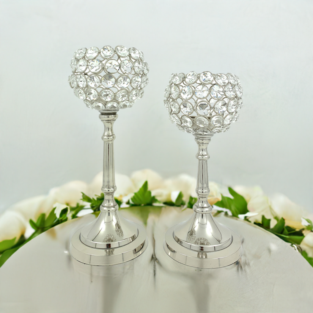 Vibhsa Hurricane Crystal Candle Holders | Set of 2, 8" & 10", Silver Nickel Finish