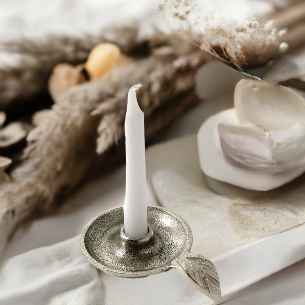 Vibhsa Taper Candlestick Holder Dish | Silver Finish, Leaf Handle, Handcrafted Aluminum