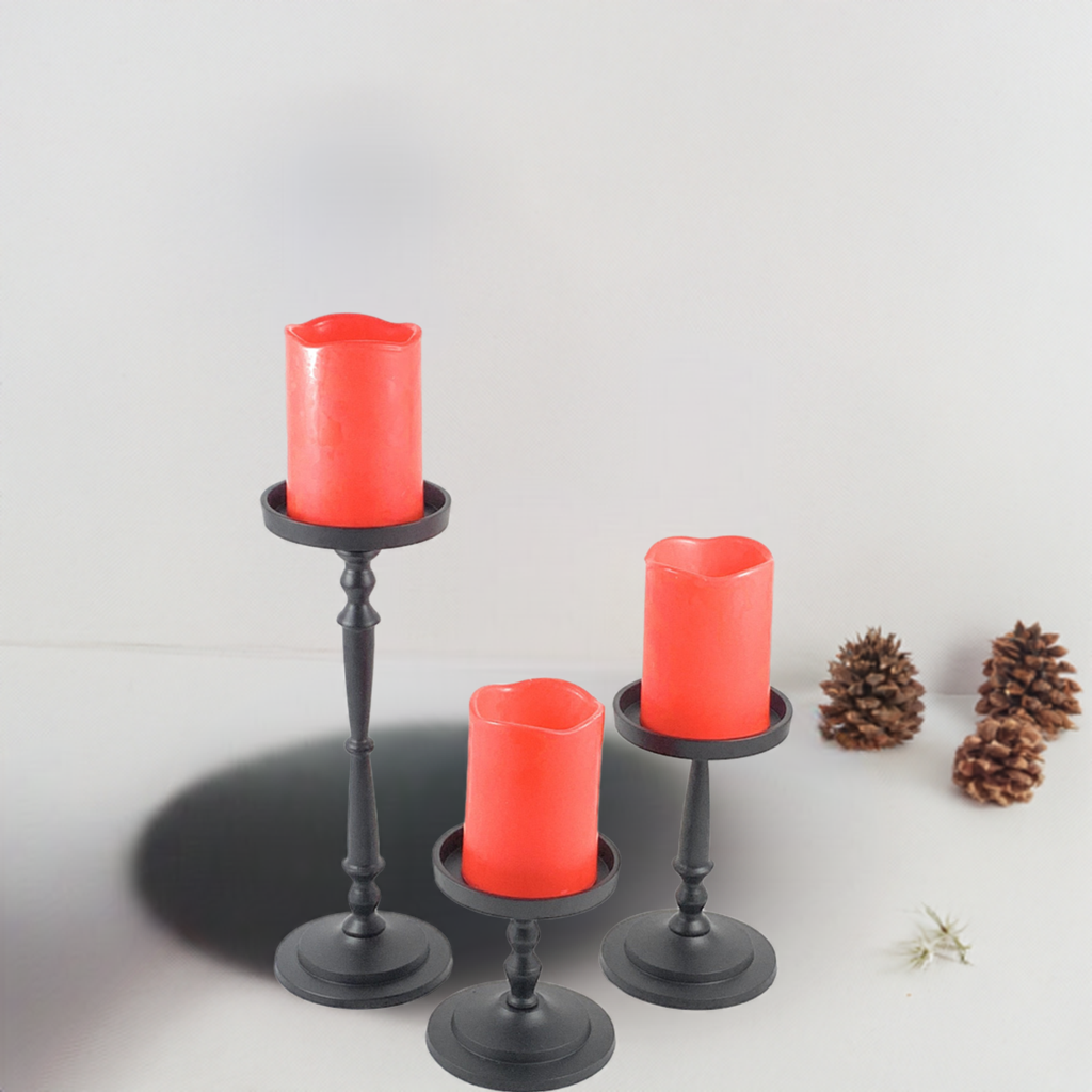 Vibhsa Pillar Candle Holders | Set of 3, Glossy Black, Compact Graduated Heights
