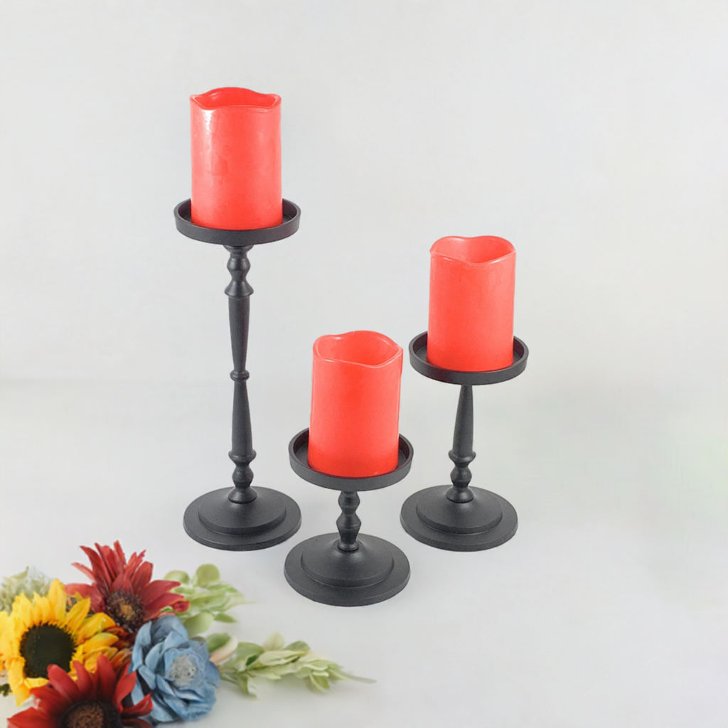 Vibhsa Pillar Candle Holders | Set of 3, Glossy Black, Compact Graduated Heights