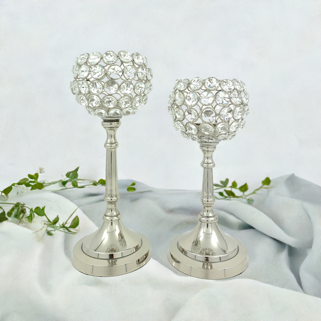 Vibhsa Hurricane Crystal Candle Holders | Set of 2, 8" & 10", Silver Nickel Finish
