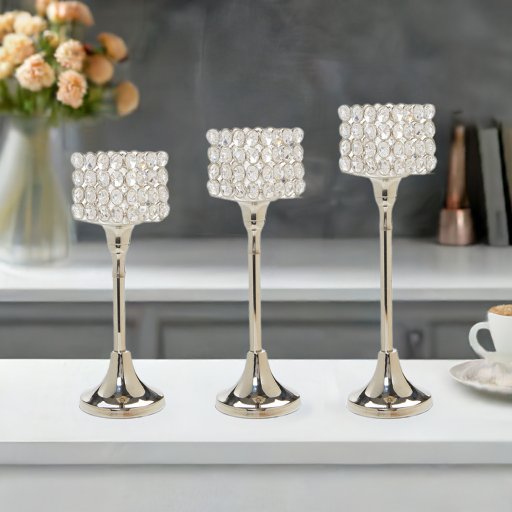 Vibhsa Crystal Hurricane Candle Holders | Set of 3, 10"/11"/12", Silver Nickel Finish