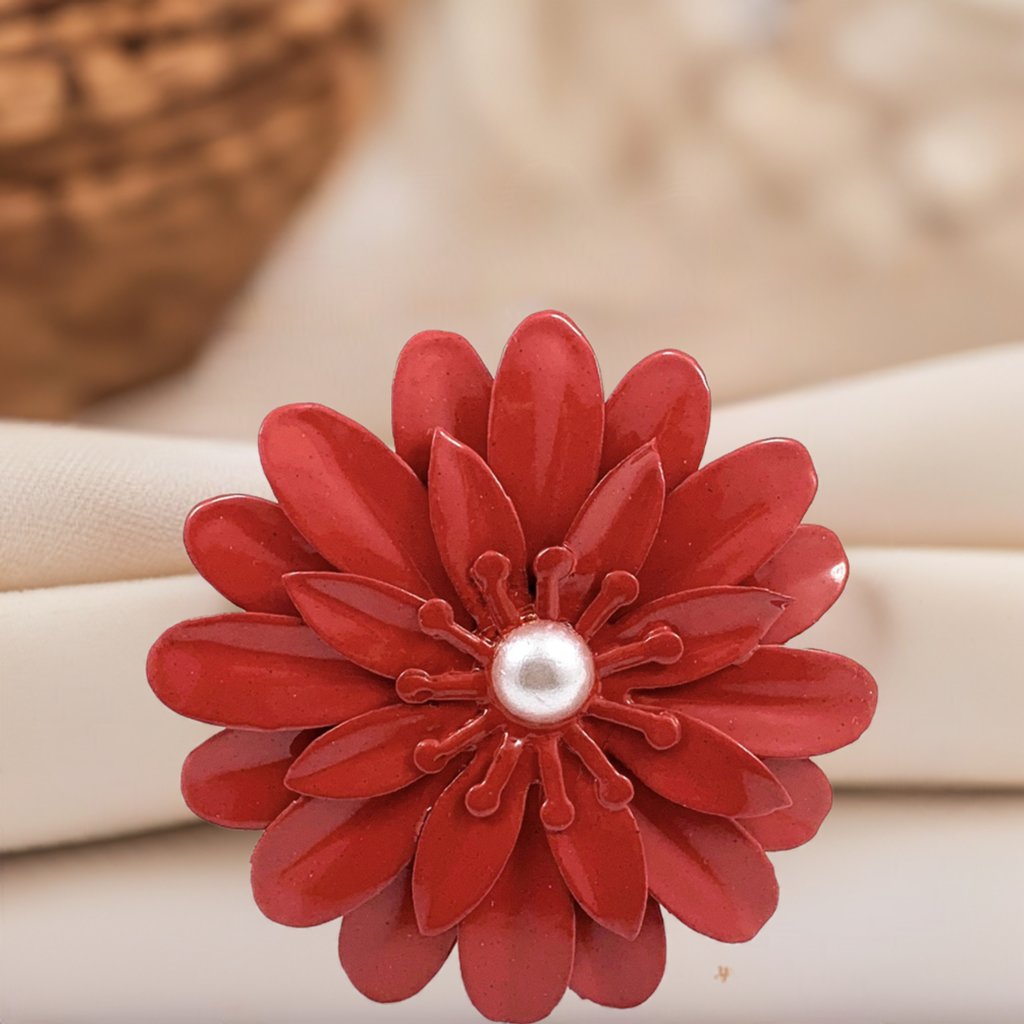 Vibhsa Red Floral Napkin Rings | Set of 4, Pearl Accents, Handcrafted