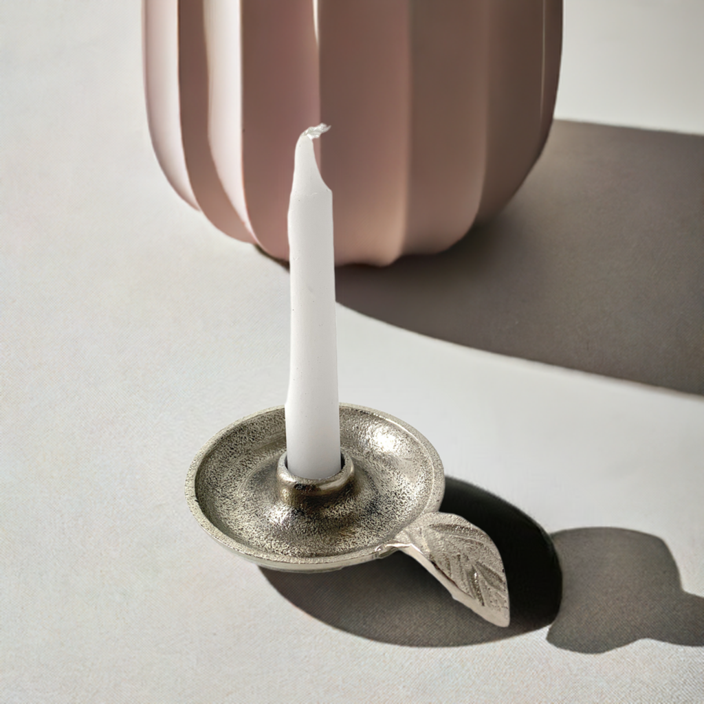 Vibhsa Taper Candlestick Holder Dish | Silver Finish, Leaf Handle, Handcrafted Aluminum