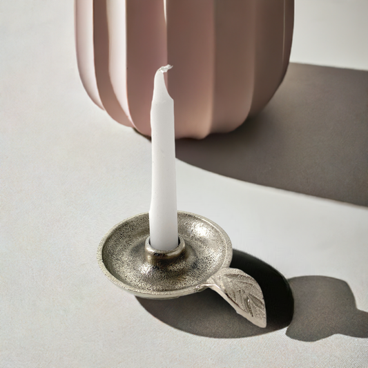 Vibhsa Taper Candlestick Holder Dish | Silver Finish, Leaf Handle, Handcrafted Aluminum
