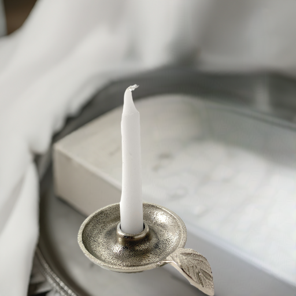 Vibhsa Taper Candlestick Holder Dish | Silver Finish, Leaf Handle, Handcrafted Aluminum