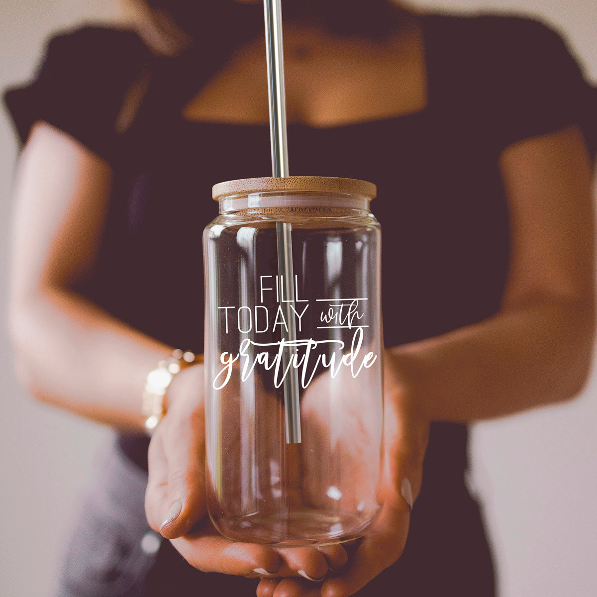 Glückseligkeit 500ml Glasbecher mit Bambusdeckel und Strohhalm – Wiederverwendbares Trinkgefäß