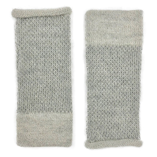 Graue, durchbrochene fingerlose Alpaka-Handschuhe, lange Stulpen mit Daumenschlitz