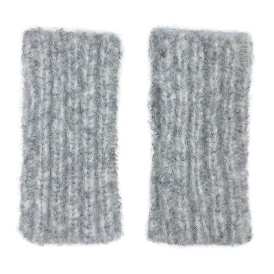 Gray Ribbed Alpaca Fingerless Gloves Warm Wrist-Length With Thumb Slit