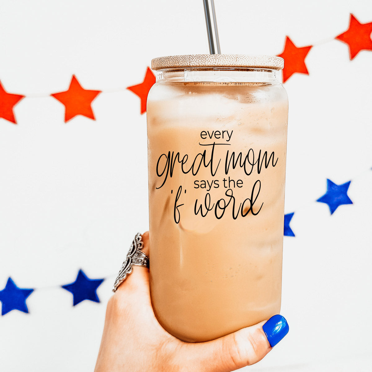 Gobelet en verre 17oz "Every Great Mom" avec couvercle en bambou et pailles en inox, cadeau pour maman