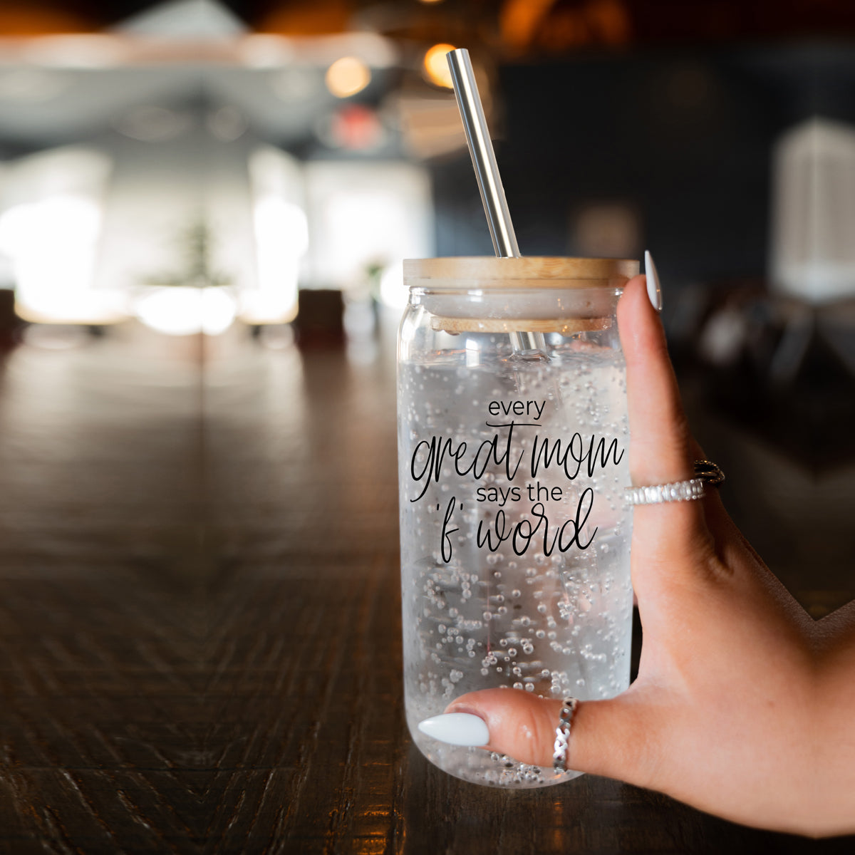 Gobelet en verre 17oz "Every Great Mom" avec couvercle en bambou et pailles en inox, cadeau pour maman
