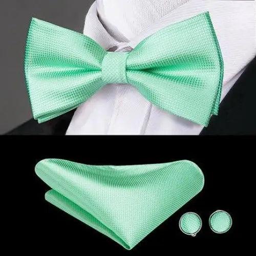 Green Color Silk Butterfly Pre-Tied Bow Tie Pocket Square Cufflinks Suit Set For Men Silk Adjustable Self Bowtie Formal Bowtie Set