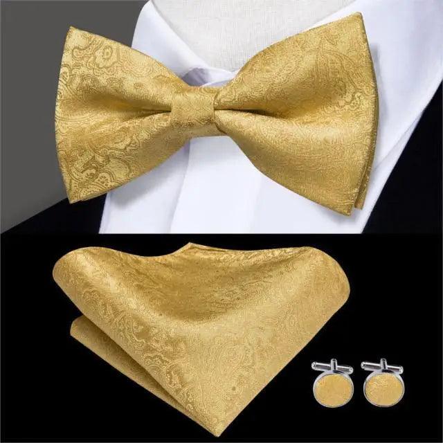 Green Color Silk Butterfly Pre-Tied Bow Tie Pocket Square Cufflinks Suit Set For Men Silk Adjustable Self Bowtie Formal Bowtie Set
