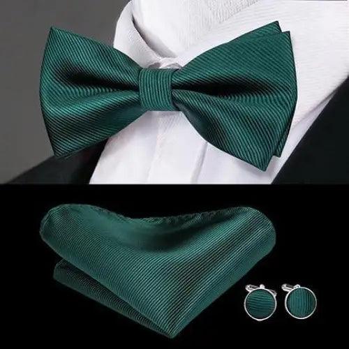 Green Color Silk Butterfly Pre-Tied Bow Tie Pocket Square Cufflinks Suit Set For Men Silk Adjustable Self Bowtie Formal Bowtie Set