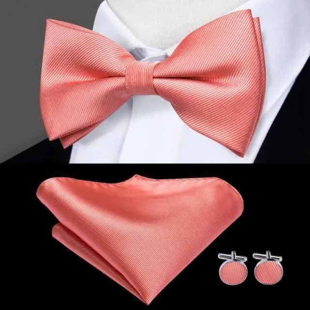 Green Color Silk Butterfly Pre-Tied Bow Tie Pocket Square Cufflinks Suit Set For Men Silk Adjustable Self Bowtie Formal Bowtie Set