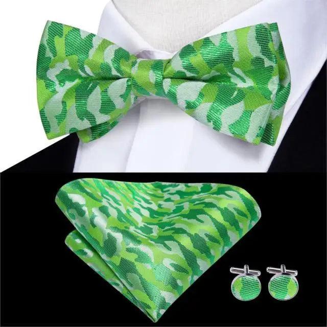 Green Color Silk Butterfly Pre-Tied Bow Tie Pocket Square Cufflinks Suit Set For Men Silk Adjustable Self Bowtie Formal Bowtie Set
