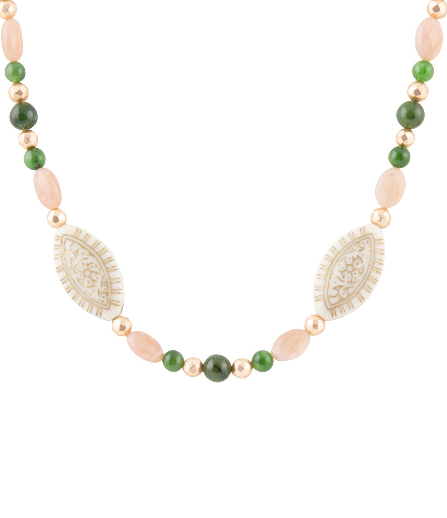 Grüne Jade und rosa Sonnenstein Goldkette