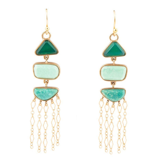 Boucles d'oreilles pendantes dorées multi-pierres vertes