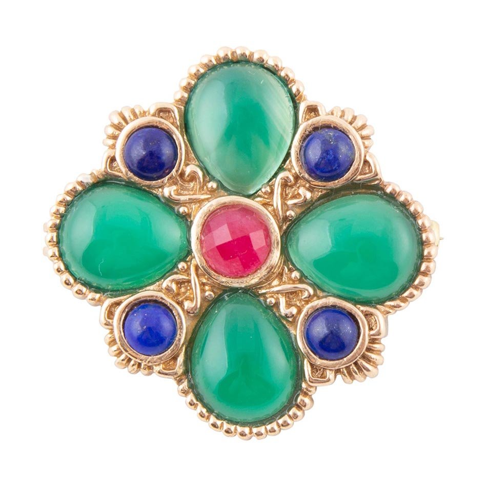 Broche dorée en onyx vert et pierres mélangées