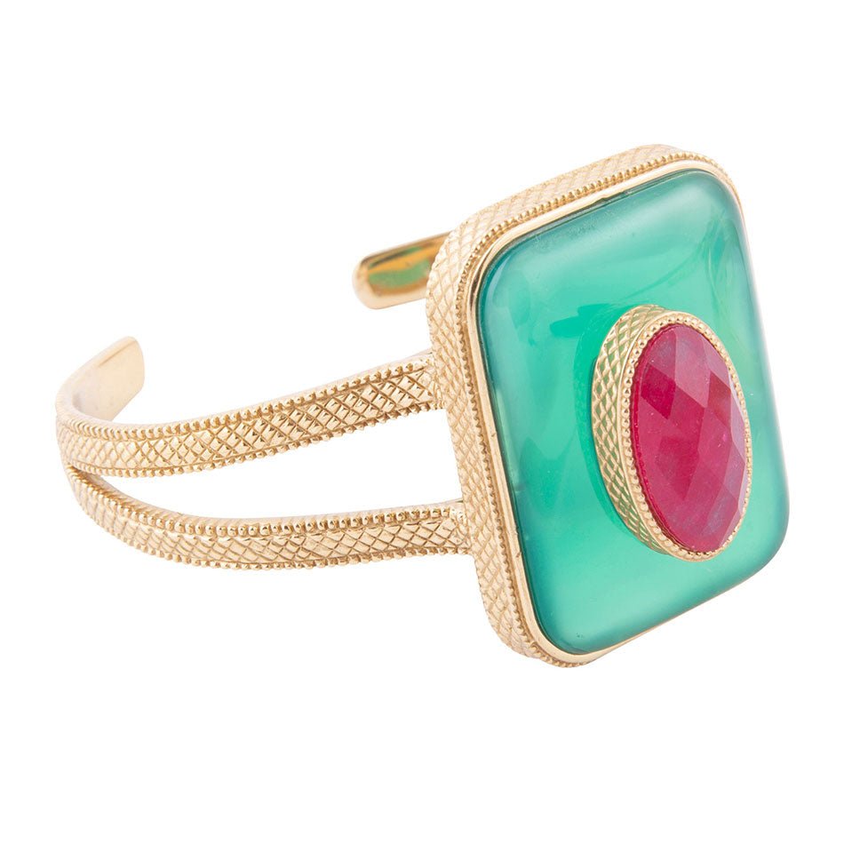 Bracelet manchette doré en onyx vert et quartz rouge superposés
