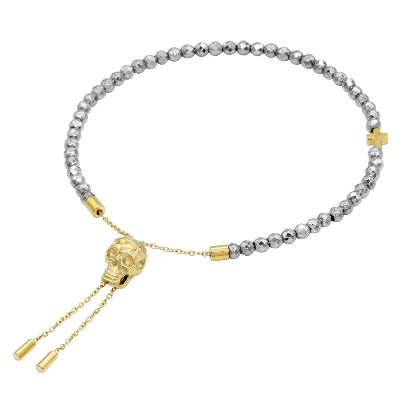 Armband mit grauen Hämatit-Totenkopfperlen und verstellbarer Zugkette