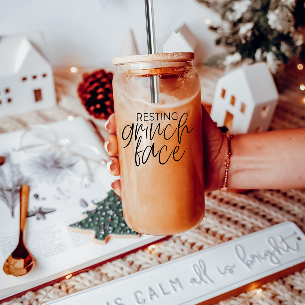 Grinch Face 17oz Glass Tumbler With Bamboo Lid and 2 Stainless Straws Holiday
