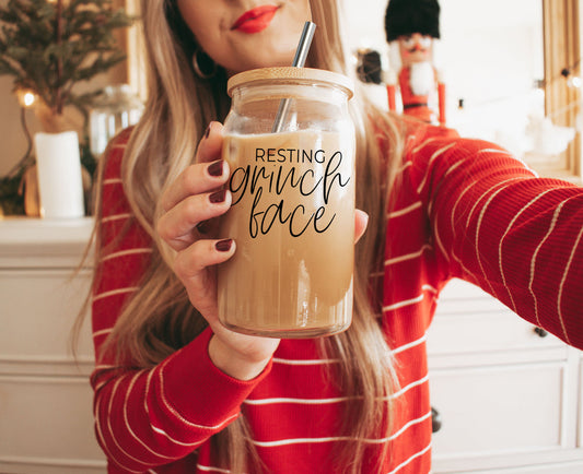 Grinch Face 17oz Glass Tumbler With Bamboo Lid and 2 Stainless Straws Holiday