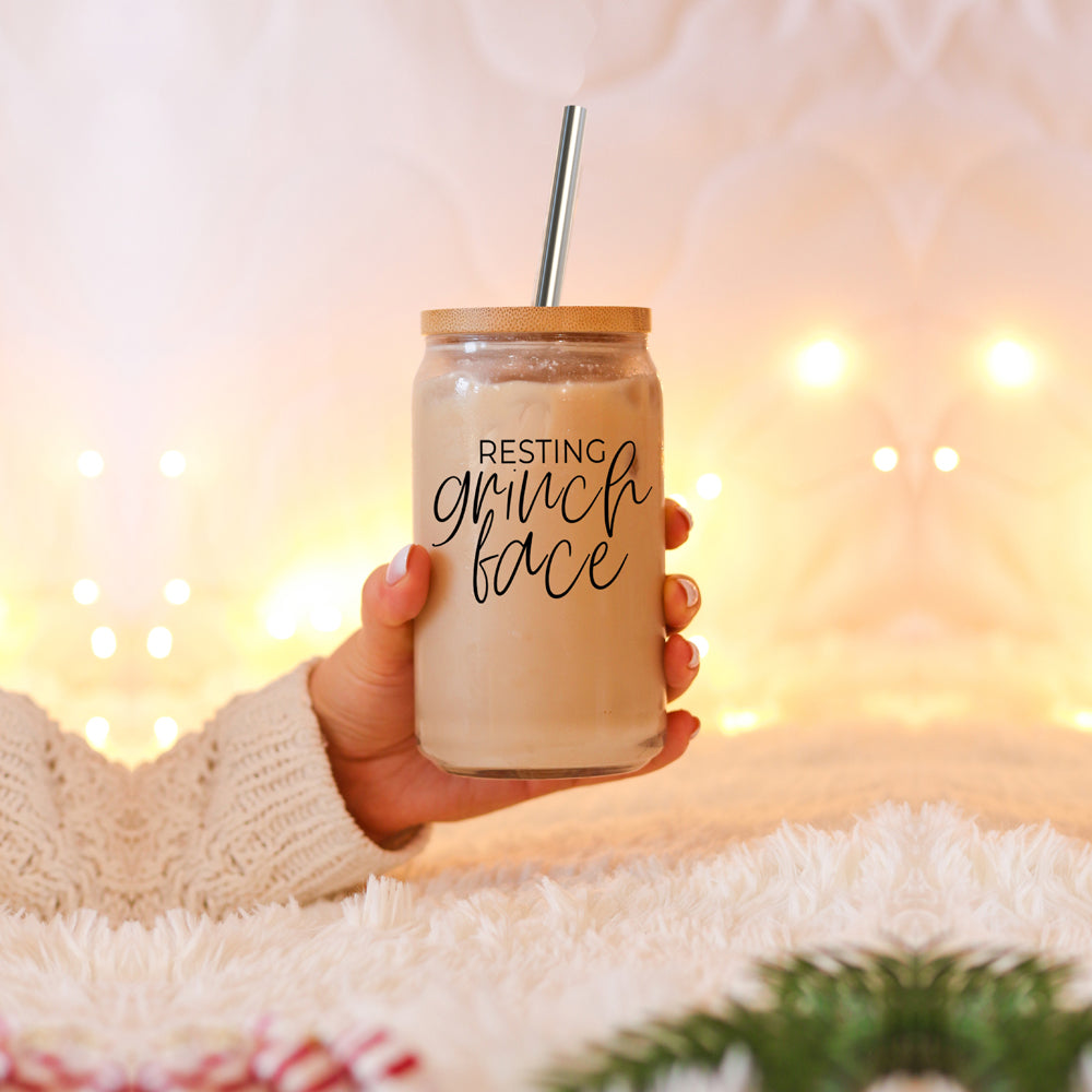 Gobelet en verre 17 oz Grinch avec couvercle en bambou et 2 pailles en acier inoxydable Fêtes