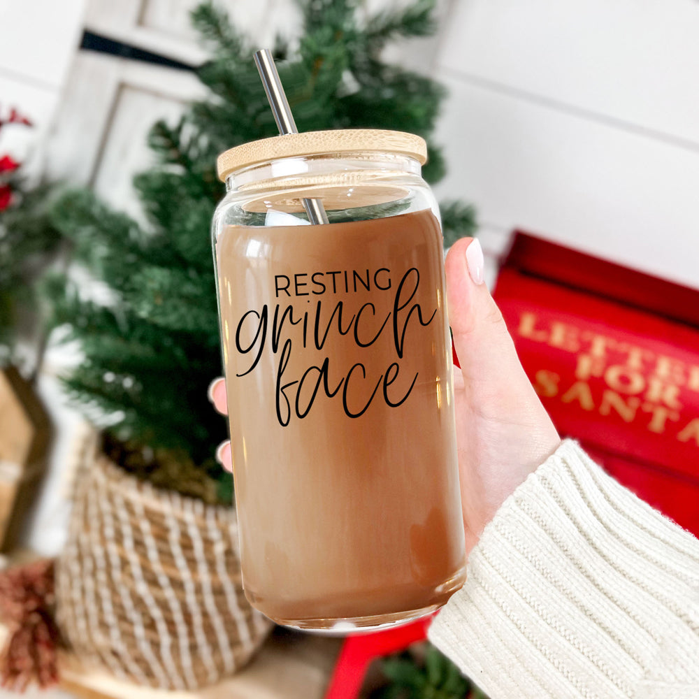 Gobelet en verre 17 oz Grinch avec couvercle en bambou et 2 pailles en acier inoxydable Fêtes