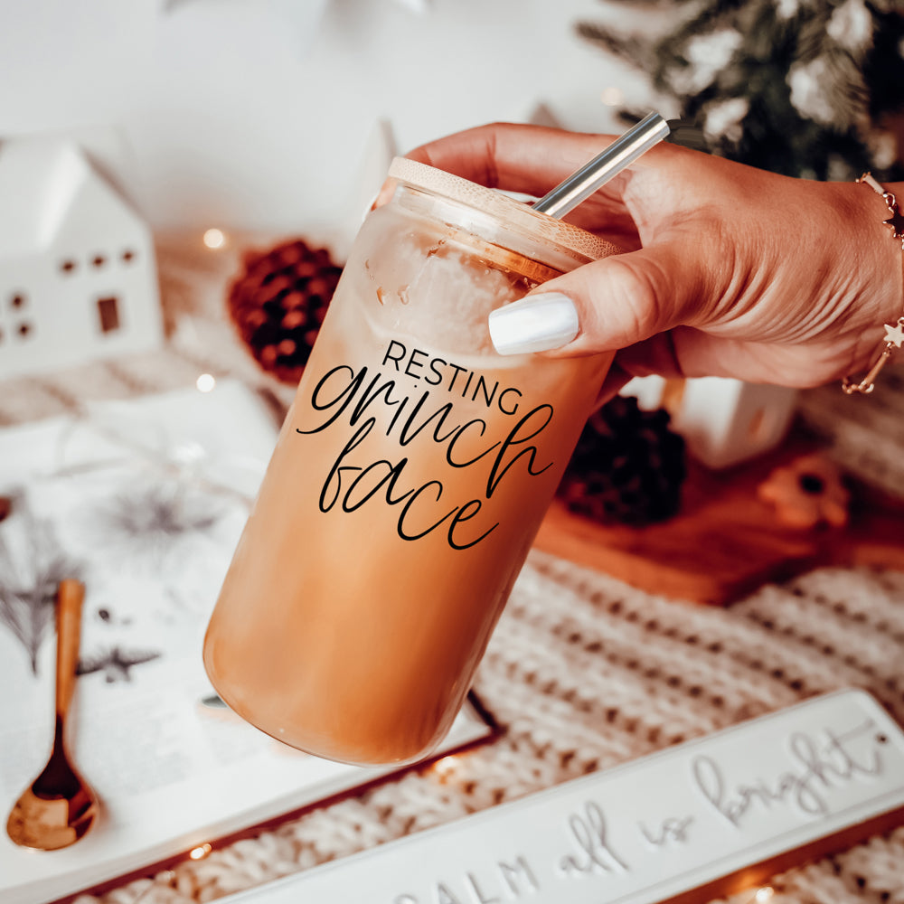 Gobelet en verre 17 oz Grinch avec couvercle en bambou et 2 pailles en acier inoxydable Fêtes