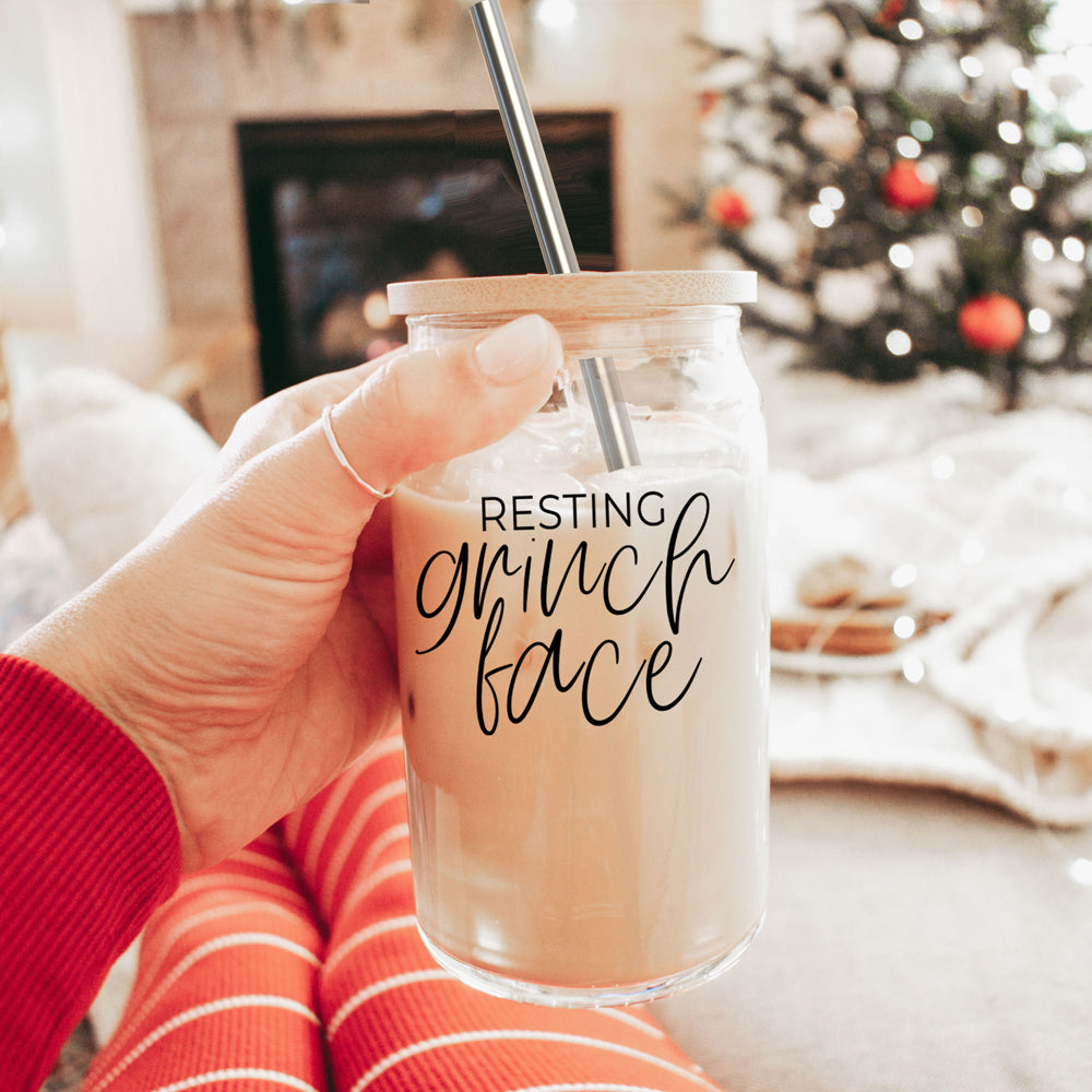 Grinch Face 17oz Glass Tumbler With Bamboo Lid and 2 Stainless Straws Holiday
