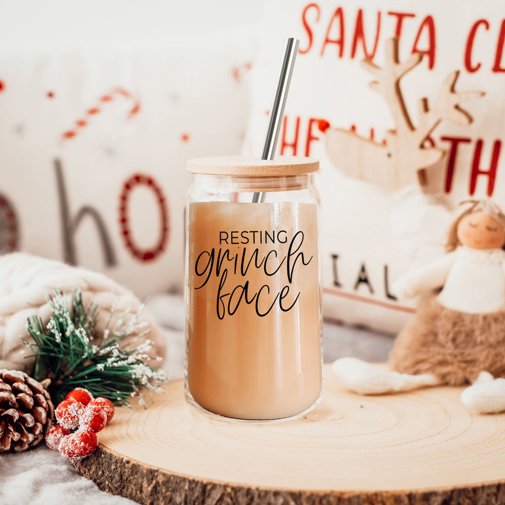 Gobelet en verre 17 oz Grinch avec couvercle en bambou et 2 pailles en acier inoxydable Fêtes